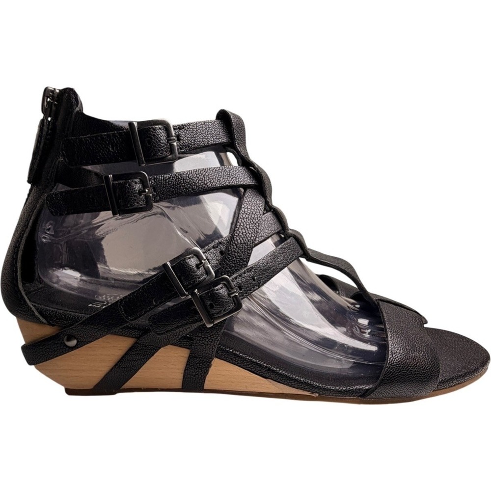 Eileen Fisher Echo Gladiator Cage Sandals Black Leather Wedge 8.5